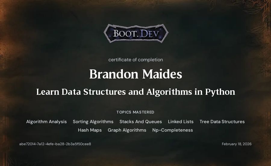 Brandon Maides's Boot.dev Learn Data Structures and Algorithms in Python certificate