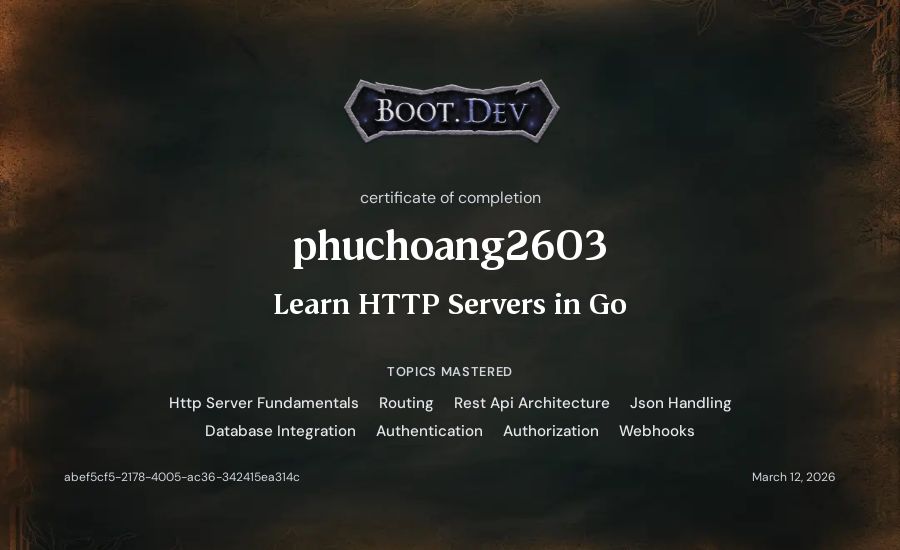 phuchoang2603's Boot.dev Learn HTTP Servers in Go certificate