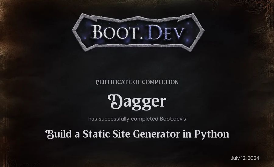 Dagger's Boot.dev Build a Static Site Generator in Python certificate