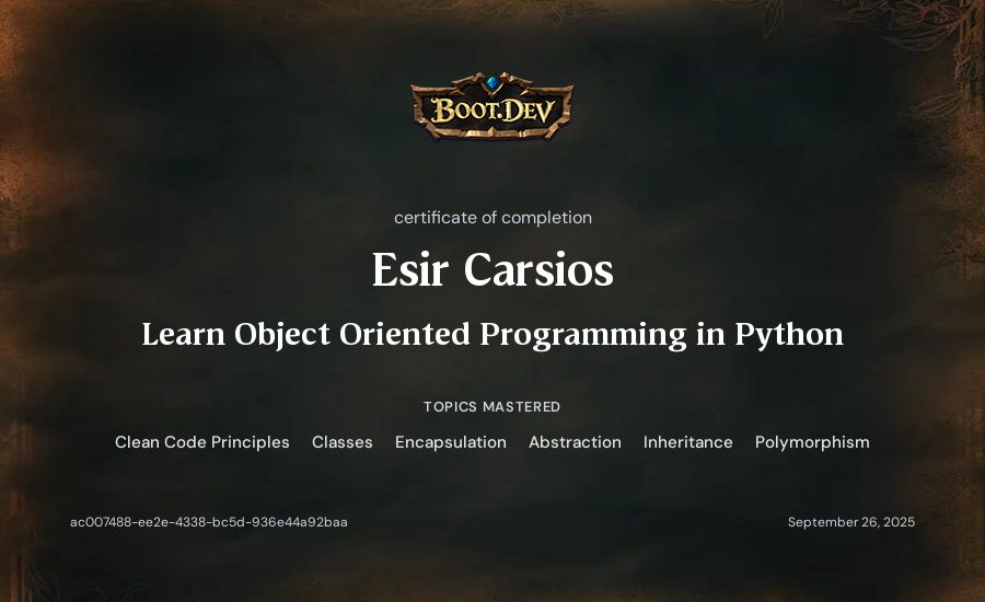 Esir Carsios's Boot.dev Learn Object Oriented Programming in Python certificate