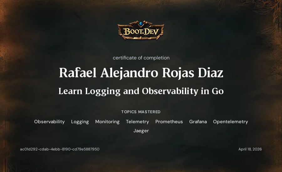 Rafael Alejandro Rojas Diaz's Boot.dev Learn Logging and Observability in Go certificate