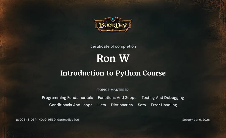 Ron W's Boot.dev Introduction to Python Course certificate