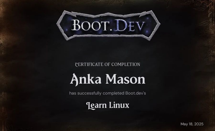 Anka Mason's Boot.dev Learn Linux certificate