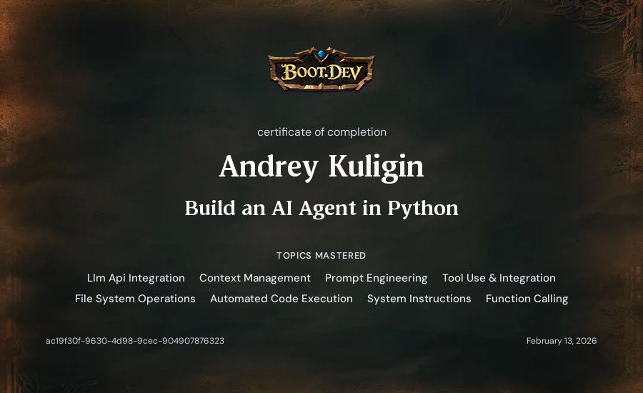 Andrey Kuligin's Boot.dev Build an AI Agent in Python certificate