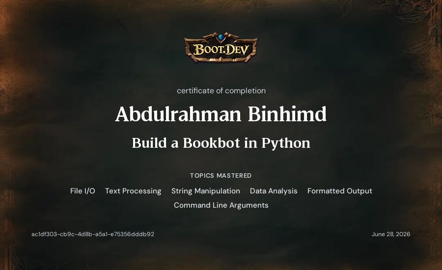 Abdulrahman Binhimd's Boot.dev Build a BookBot in Python certificate