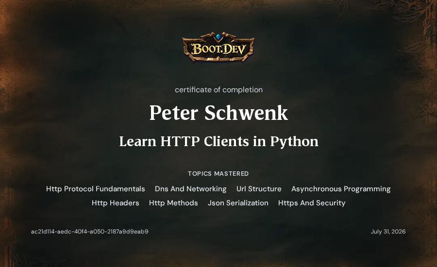Peter Schwenk's Boot.dev Learn HTTP Clients in Python certificate