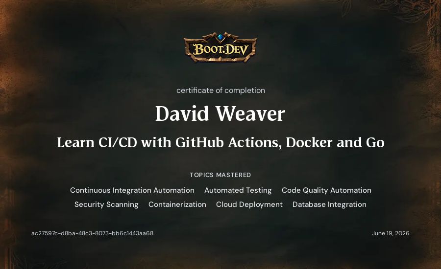 David Weaver's Boot.dev Learn CI/CD with GitHub Actions, Docker and Go certificate