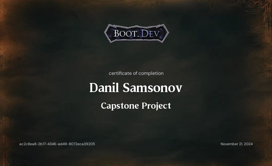 Danil Samsonov's Boot.dev Capstone Project certificate