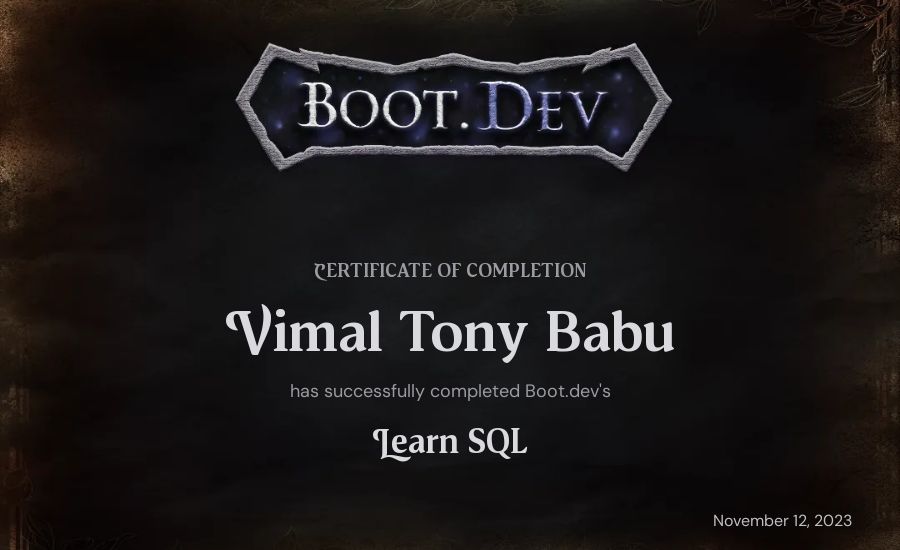 Vimal Tony Babu's Boot.dev Learn SQL certificate