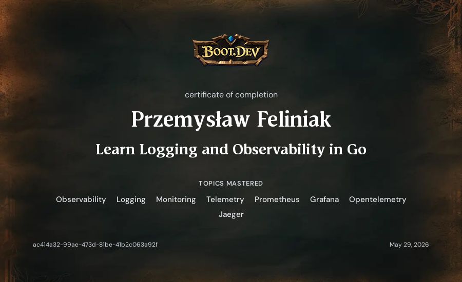 Przemysław Feliniak's Boot.dev Learn Logging and Observability in Go certificate