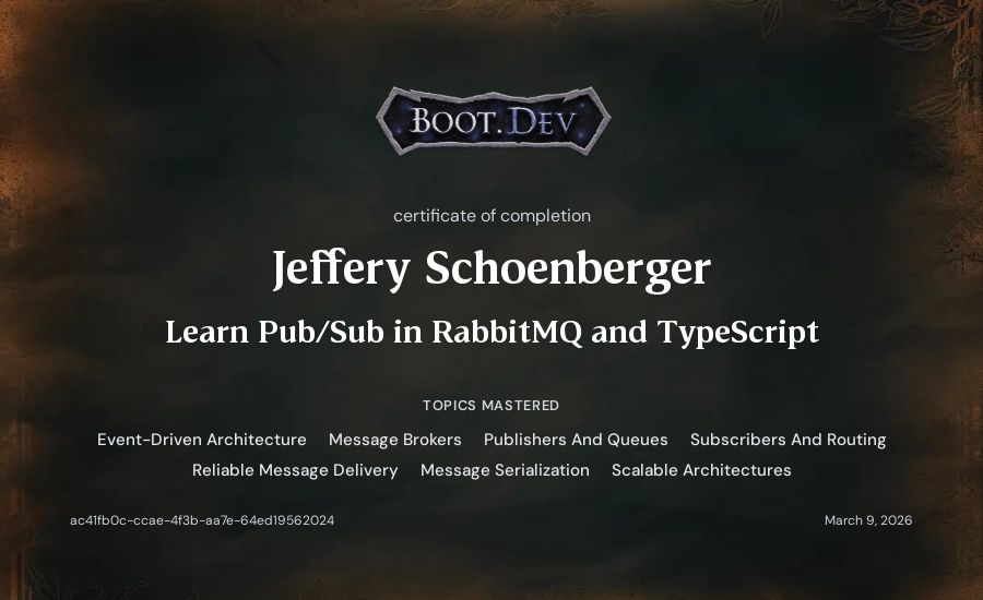 Jeff Schoenberger's Boot.dev Learn Pub/Sub in RabbitMQ and TypeScript certificate