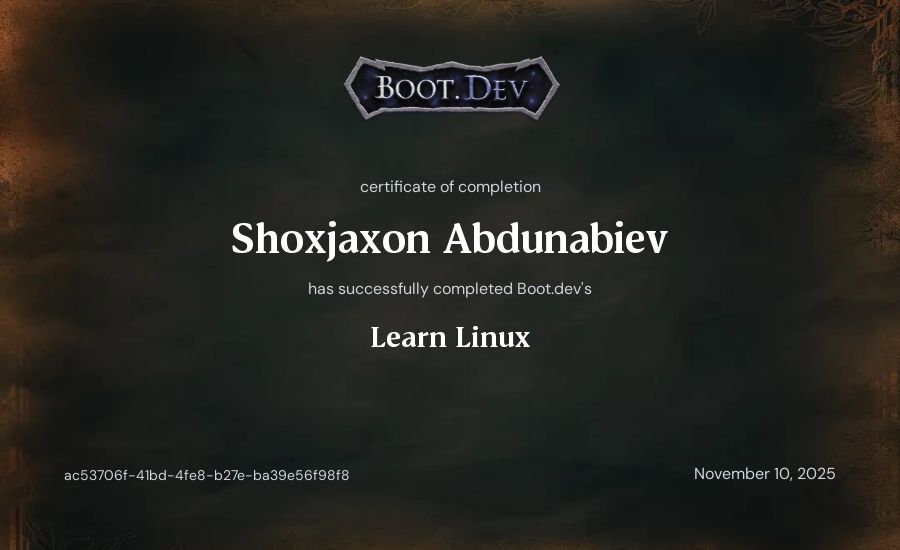 Shokhjakhon Abdunabiev's Boot.dev Learn Linux certificate