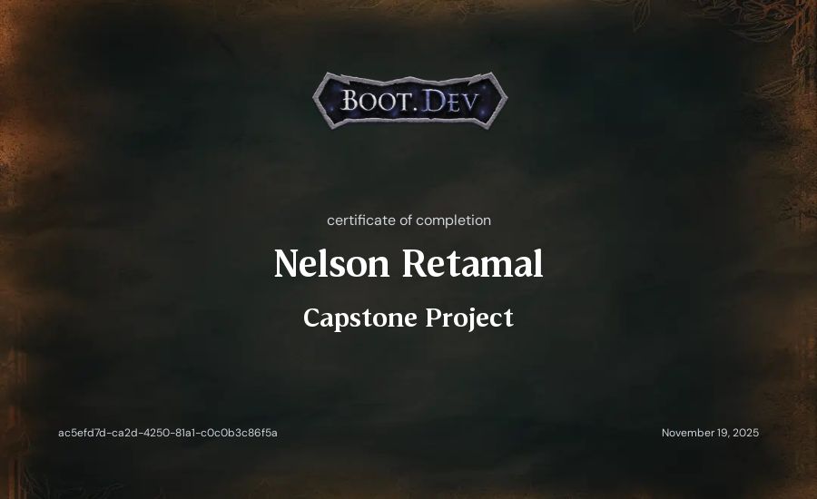 Nelson Retamal's Boot.dev Capstone Project certificate