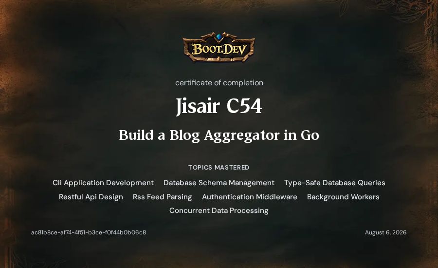Jisair C54's Boot.dev Build a Blog Aggregator in Go certificate