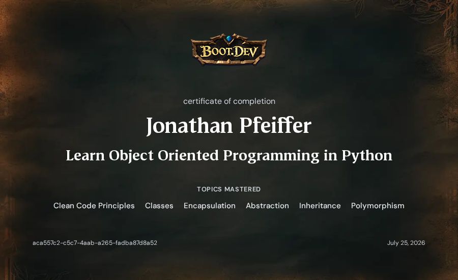 Jonathan Pfeiffer's Boot.dev Learn Object Oriented Programming in Python certificate