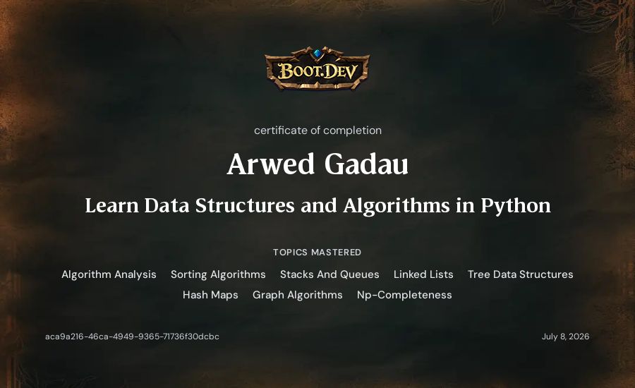 Arwed Gadau's Boot.dev Learn Data Structures and Algorithms in Python certificate
