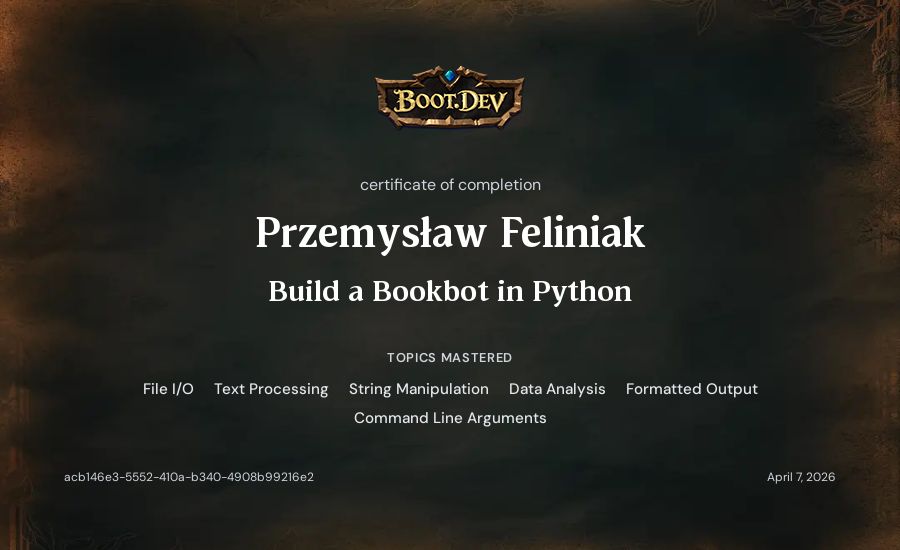Przemysław Feliniak's Boot.dev Build a BookBot in Python certificate