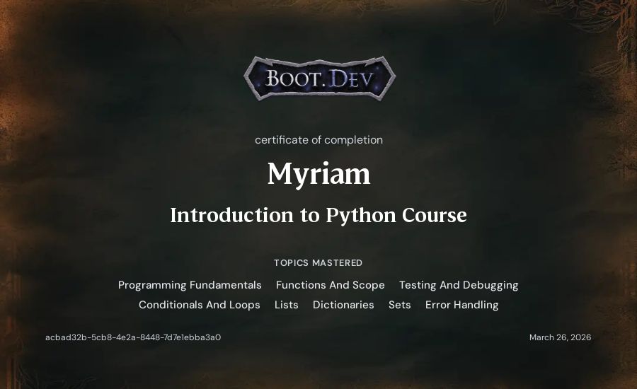 Myriam's Boot.dev Introduction to Python Course certificate