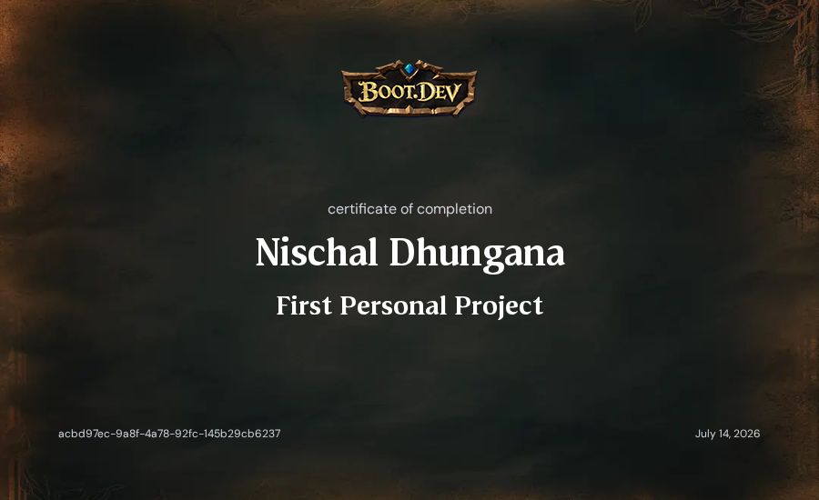 Nischal Dhungana's Boot.dev First Personal Project certificate