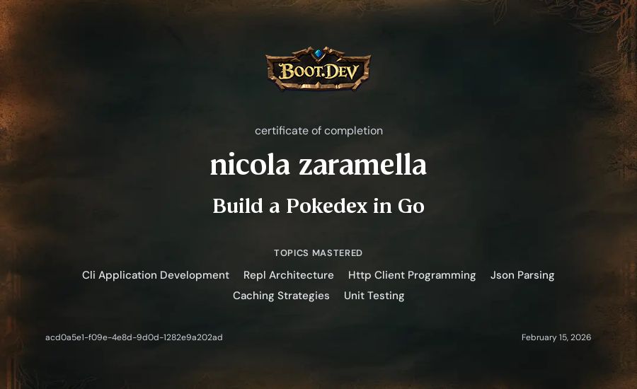 nicola zaramella's Boot.dev Build a Pokedex in Go certificate