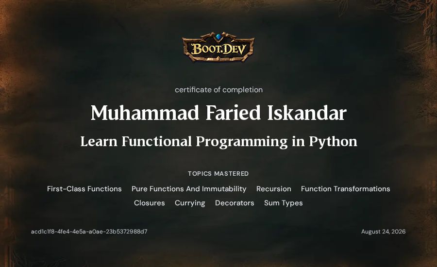 Muhammad Faried Iskandar's Boot.dev Learn Functional Programming in Python certificate