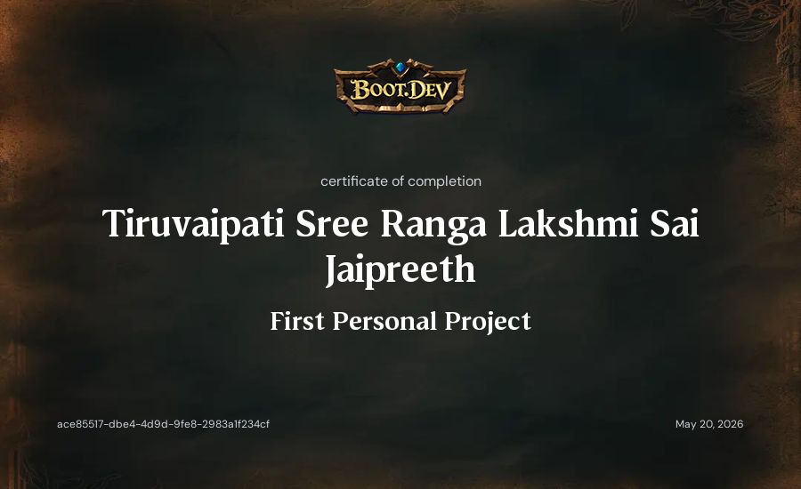 Tiruvaipati Sree Ranga Lakshmi Sai Jaipreeth's Boot.dev First Personal Project certificate