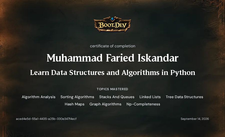Muhammad Faried Iskandar's Boot.dev Learn Data Structures and Algorithms in Python certificate
