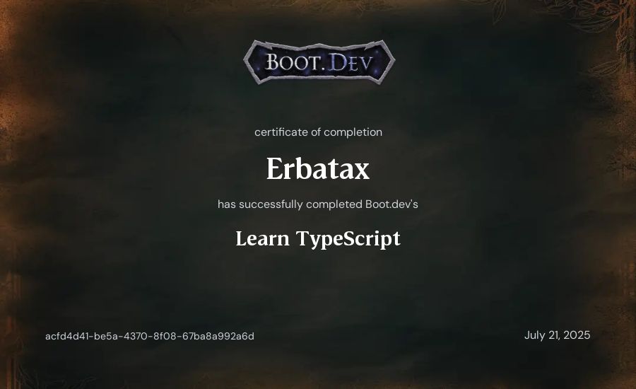 Erbatax's Boot.dev Learn TypeScript certificate