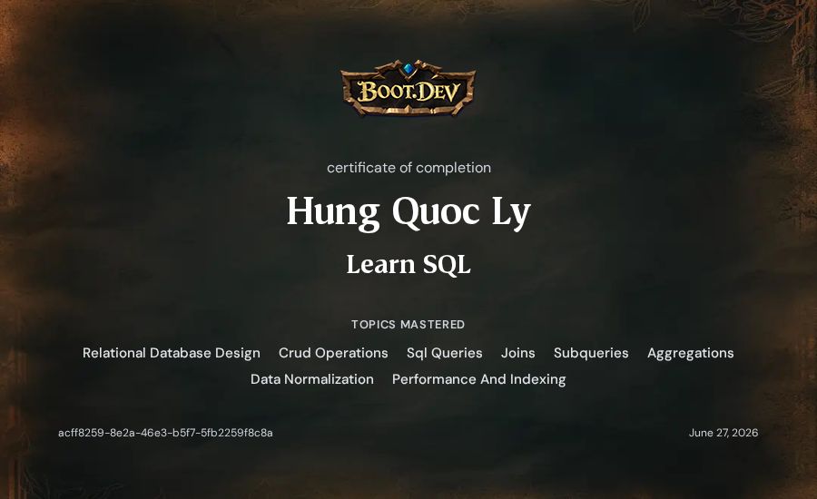 Hung Quoc Ly's Boot.dev Learn SQL certificate