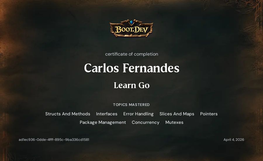 Carlos Fernandes's Boot.dev Learn Go certificate