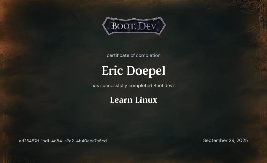 Eric Doepel's Boot.dev Learn Linux certificate