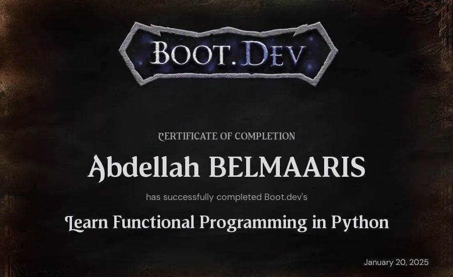 Abdellah BELMAARIS's Boot.dev Learn Functional Programming in Python certificate