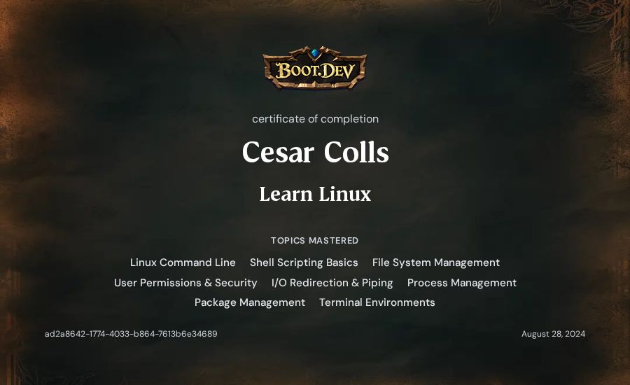 Cesar Colls's Boot.dev Learn Linux certificate