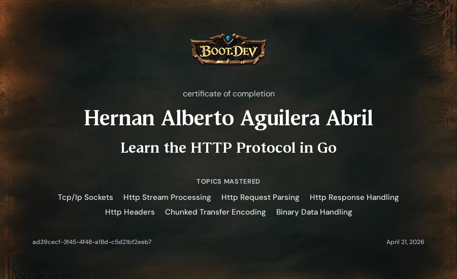 Hernan Alberto Aguilera Abril's Boot.dev Learn the HTTP Protocol in Go certificate