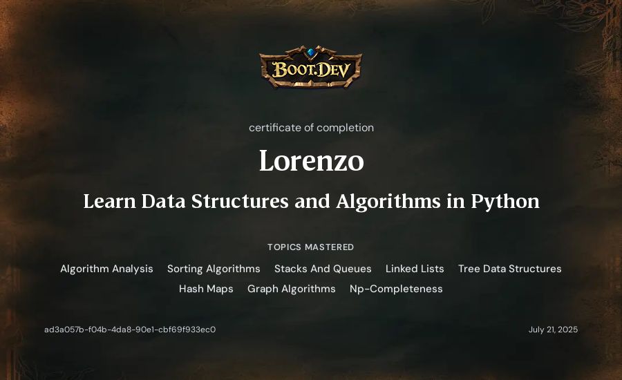 Lorenzo's Boot.dev Learn Data Structures and Algorithms in Python certificate