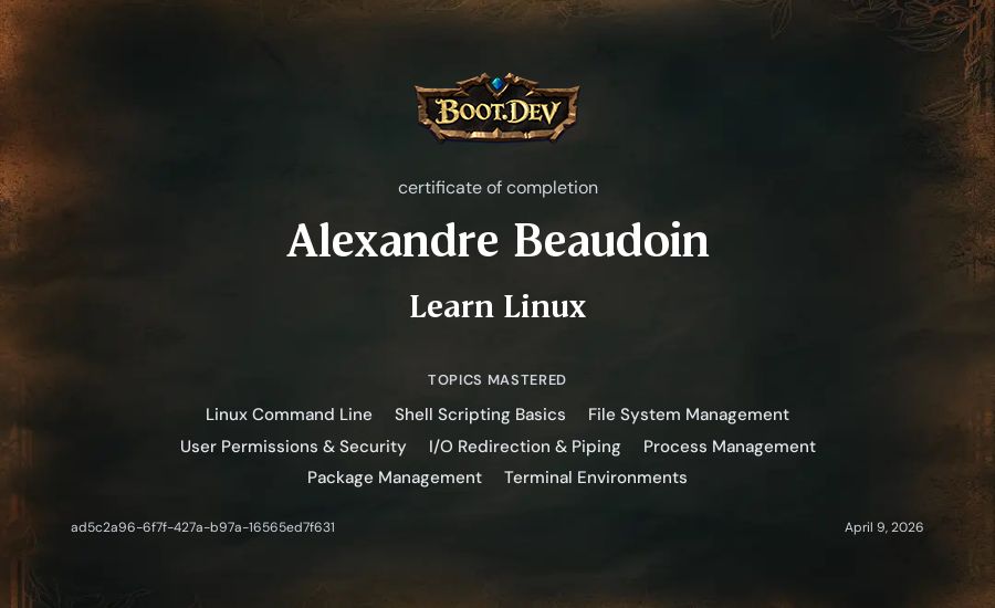 Alexandre Beaudoin's Boot.dev Learn Linux certificate
