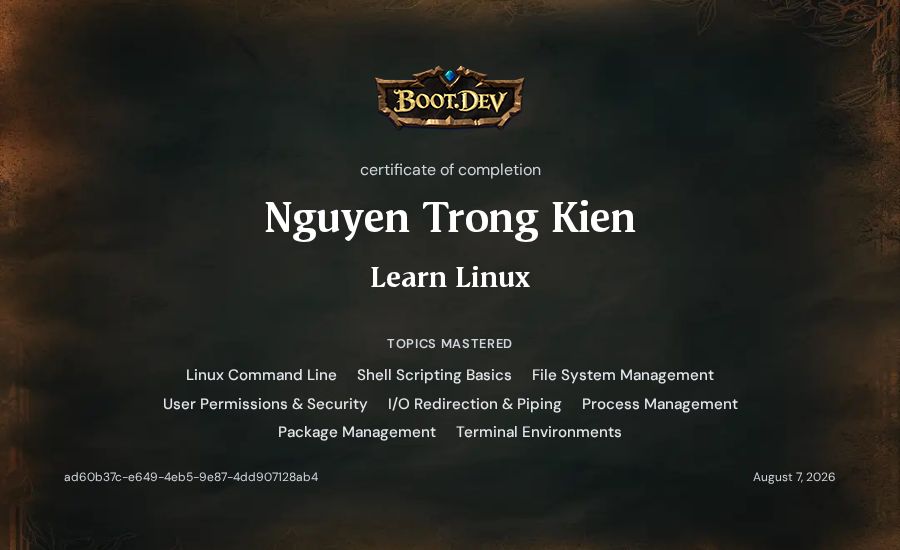 Nguyen Trong Kien's Boot.dev Learn Linux certificate