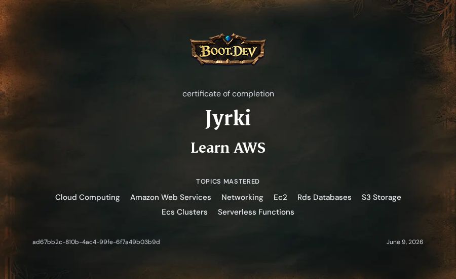 Jyrki's Boot.dev Learn AWS certificate