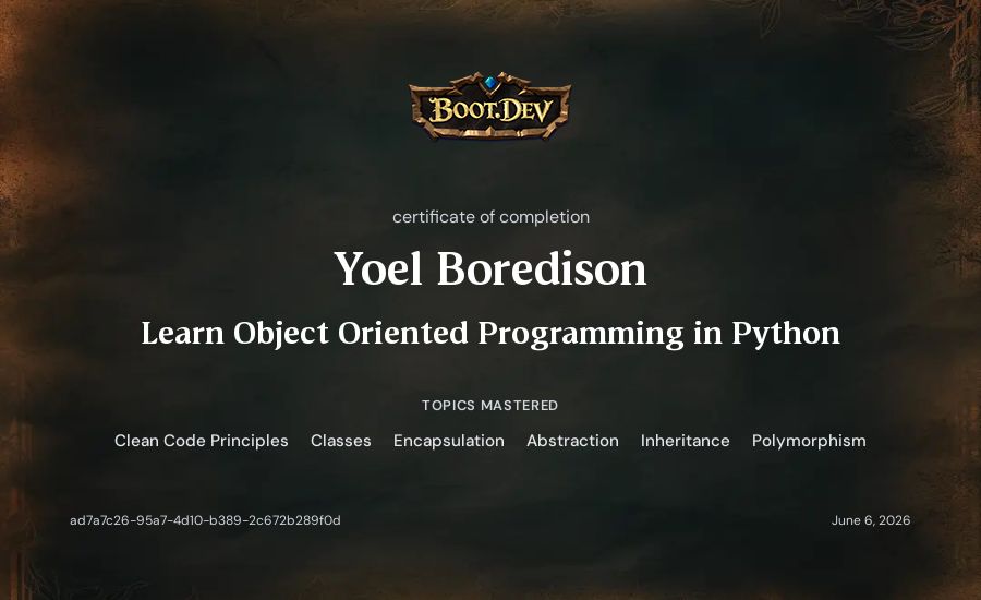 Yoshisaur Munchakoopas's Boot.dev Learn Object Oriented Programming in Python certificate