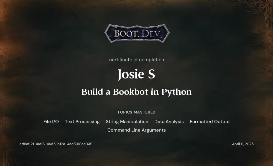 Josie S's Boot.dev Build a BookBot in Python certificate