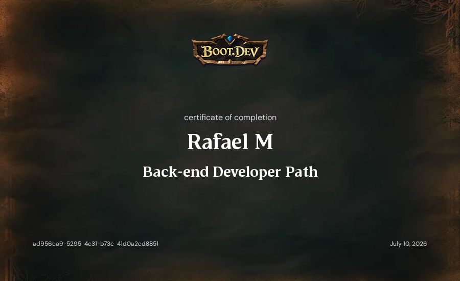 Rafael M's Boot.dev Back-end Developer Path certificate