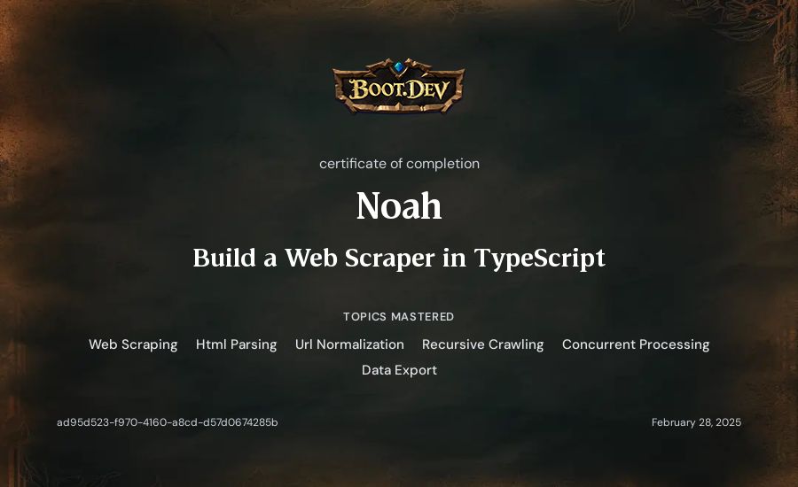 Noah's Boot.dev Build a Web Scraper in TypeScript certificate