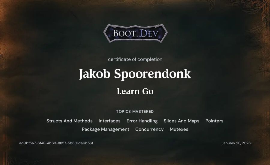 Jakob Spoorendonk's Boot.dev Learn Go certificate