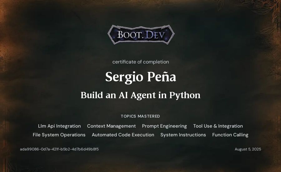 Sergio Peña's Boot.dev Build an AI Agent in Python certificate