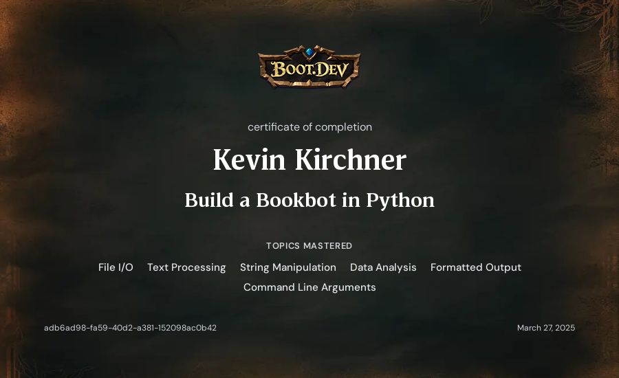 Kevin Kirchner's Boot.dev Build a BookBot in Python certificate