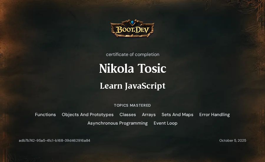 Nikola Tosic's Boot.dev Learn JavaScript certificate