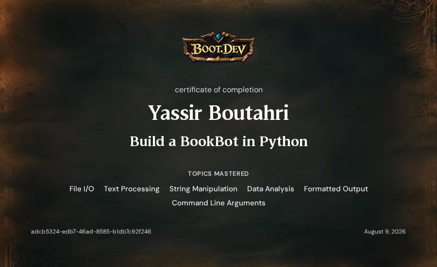 Yassir Boutahri's Boot.dev Build a BookBot in Python certificate