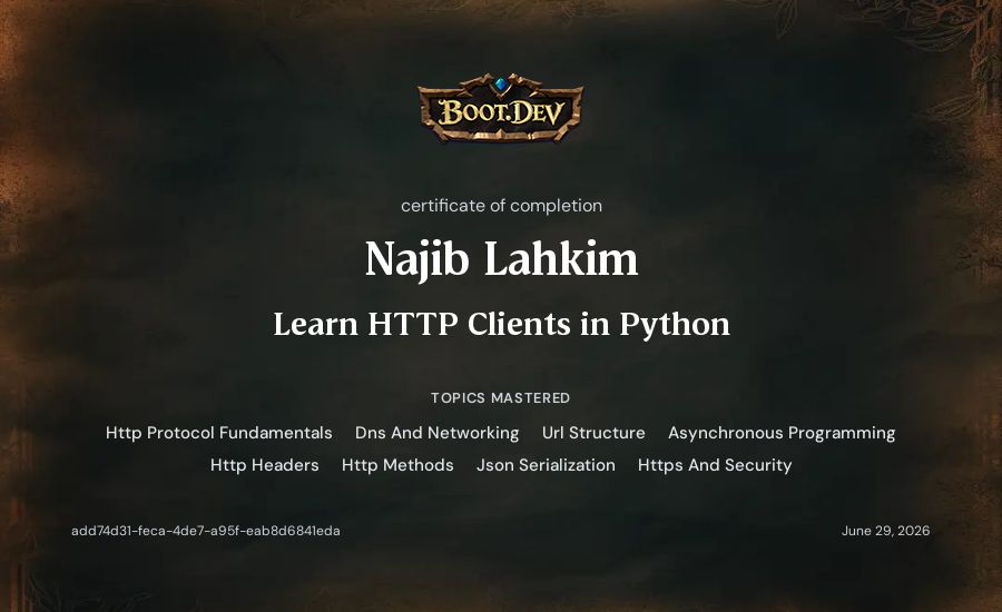 Najib Lahkim's Boot.dev Learn HTTP Clients in Python certificate