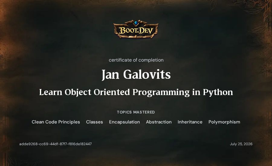 Jan Galovits's Boot.dev Learn Object Oriented Programming in Python certificate