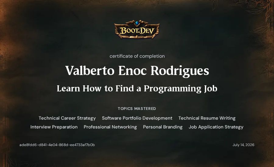 Valberto Enoc Rodrigues's Boot.dev Learn How to Find a Programming Job certificate